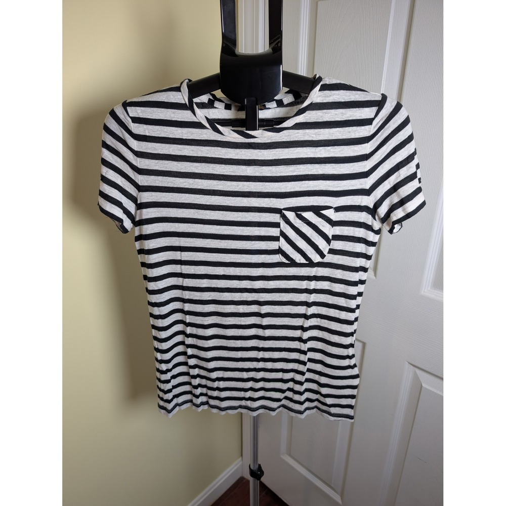 Brooks Brothers T-Shirt Womens M Black White Striped Linen Blend Pocket Tee